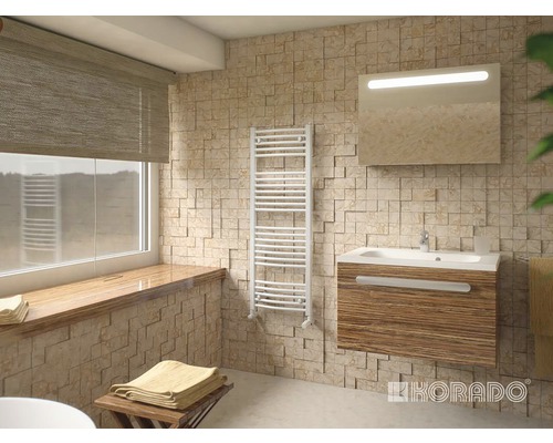 Koupelnový radiátor Korado Koralux Rondo Classic 1220x600 mm 827 W Moderní koupelna s radiátorem, skříňkou pod umyvadlo, zrcadlem a oknem