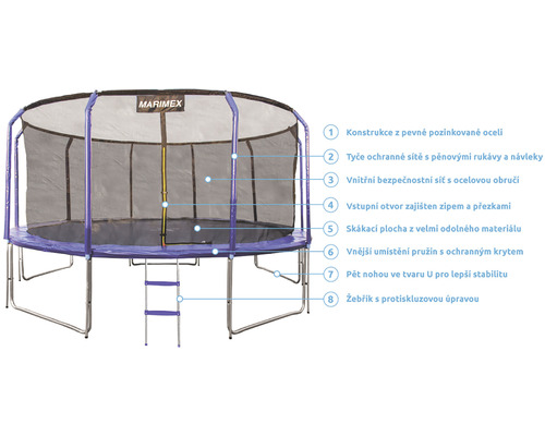 Trampolína s ochrannou sítí a žebříkem