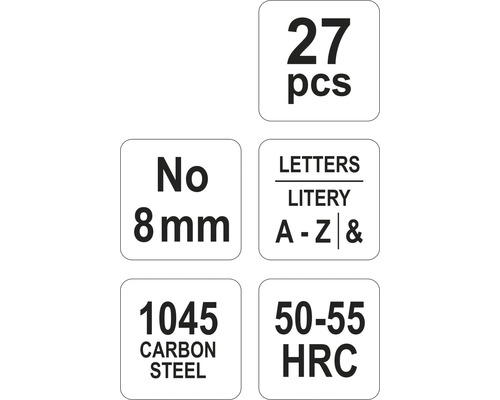Informace: 27 kusů, písmeno číslo 8 mm, písmena A až Z a ampersand, uhlíková ocel 1045, 50 až 55 HRC