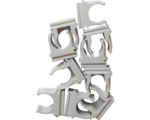 Několik šedých trubkových spon velikosti 20 milimetrů naskládaných na sobě.