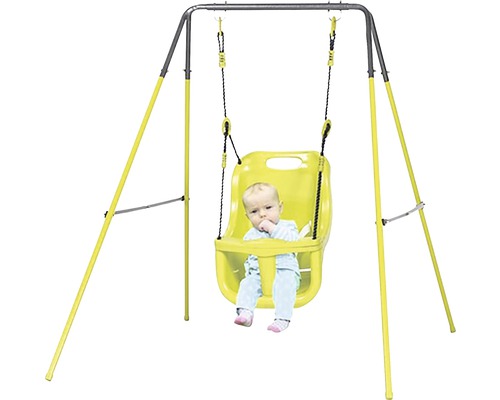 Dětská houpačka se žlutým sedátkem a kovovým rámem