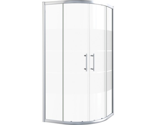 Půlkruhový sprchový kout se dvěma skleněnými dveřmi a madly