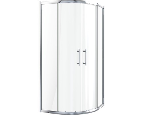 Kulatý sprchový kout se skleněnými dveřmi a kovovým rámem