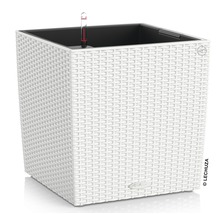 Bílý, čtvercový květináč se zavlažovacím systémem a ukazatelem hladiny vody