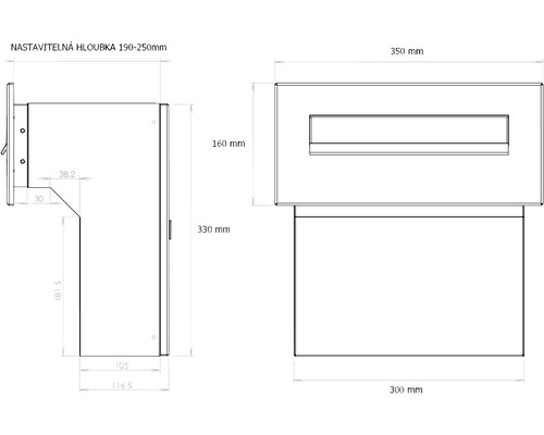Technický nákres poštovní schránky s rozměry