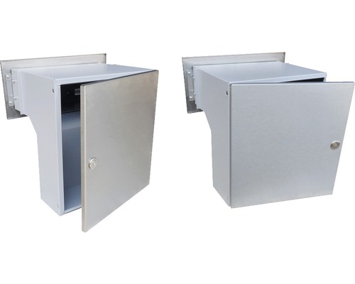 Nerezová nástěnná skříňka s dvířky v otevřeném a zavřeném stavu.