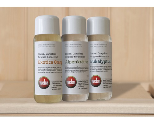 Sauna a vůně pro parní lázeň Weka 3 ks ekonomická sada po 250 ml Tři lahve koncentrátu do sauny Weka Exotica Orange, Alpské bylinky a Eukalyptus