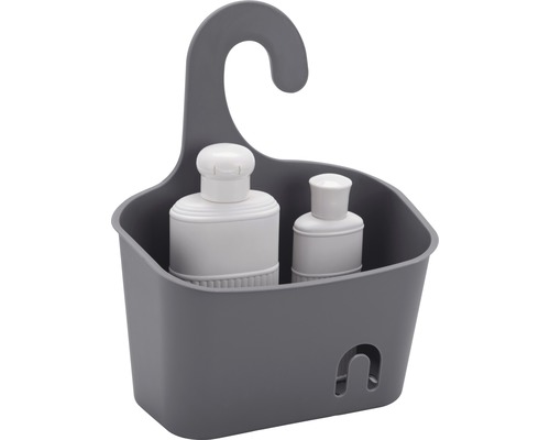 Šedý sprchový košík se dvěma lahvemi šamponu