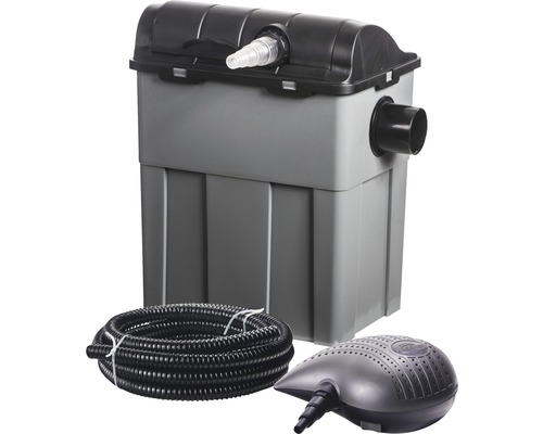 Sada průtokové filtrace HEISSNER FPU10100-00 s čerpadlem 3300 l/h, UV 9W, do 10 m³ Sada jezírkového filtru s filtrem, hadicí a čerpadlem pro čištění jezírka