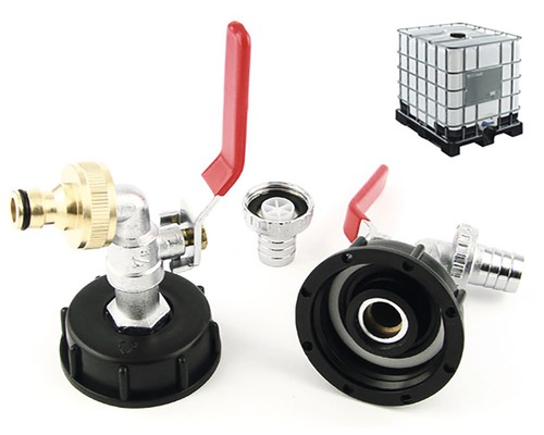 Sada adaptérů IBC s výtokovým kohoutem a nádrží v pozadí