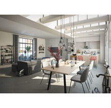 Světlý obývací pokoj s jídelním stolem, židlemi, pohovkou a otevřenou kuchyní