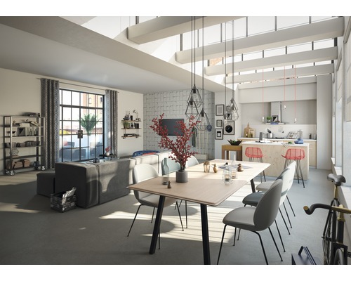 Světlý obývací pokoj s jídelním stolem, židlemi, pohovkou a otevřenou kuchyní