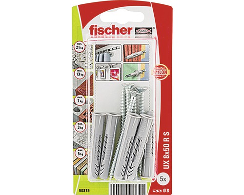 Univerzální hmoždinka Fischer UX 8x50 se šroubem, balení 5 ks Sada univerzálních hmoždinek Fischer UX 8x50 se šrouby