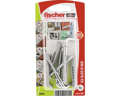 Univerzální hmoždinka Fischer UX 8x50 se skobou, balení 4 ks Fischer univerzální hmoždinka UX 8 x 50 milimetrů s háčky, 4 kusy