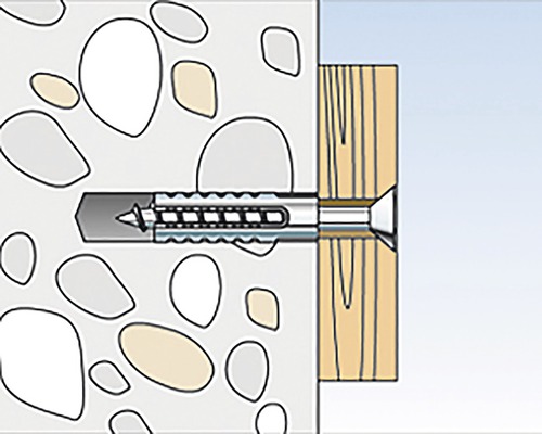 Ilustrace hmoždinky ve zdi s kusem dřeva