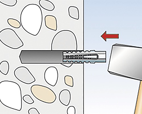 Obrázek hmoždinky zatloukané kladivem do zdi.