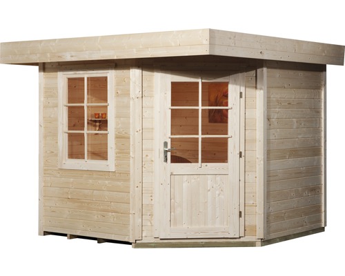 Dřevěný zahradní domek s oknem a dveřmi