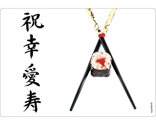 Obkladový panel do kuchyně mySPOTTI pop Sushi 41x59 cm Sushi Maki mezi hůlkami s japonskými znaky