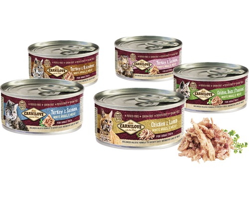 Různé konzervy krmiva pro kočky Carnilove s masem