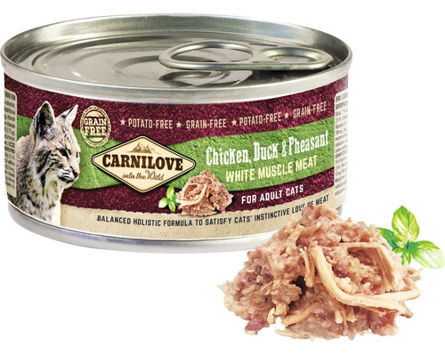 Carnilove mokré krmivo pro kočky s kuřecím, kachním a bažantím masem v otevřené nádobě.
