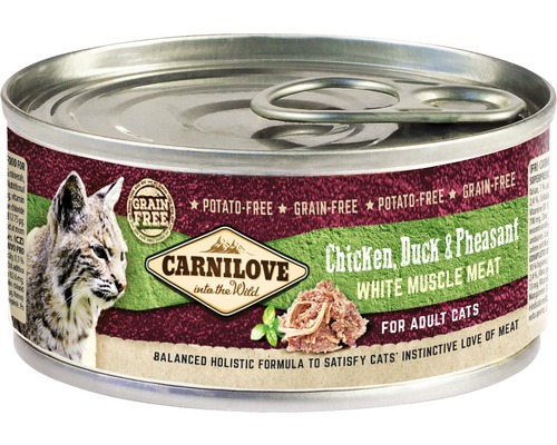 Konzerva pro kočky Carnilove Chicken, Duck & Pheasant 100 g Carnilove mokré krmivo pro kočky s kuřecím, kachním a bažantím masem v konzervě