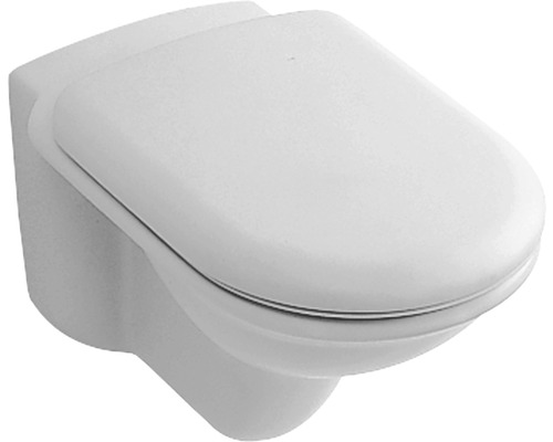 Závěsný klozet z keramiky se zavřeným záchodovým prkénkem.