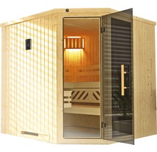 Dřevěná sauna se skleněnými dveřmi a digitálním ovládacím panelem