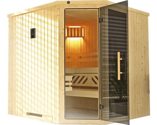 Dřevěná sauna se skleněnými dveřmi a digitálním ovládacím panelem