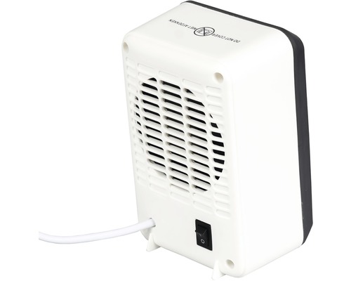 Pohled zezadu na ohřívač ventilátoru pro vnitřní použití s vypínačem a výstražným symbolem pro horké povrchy