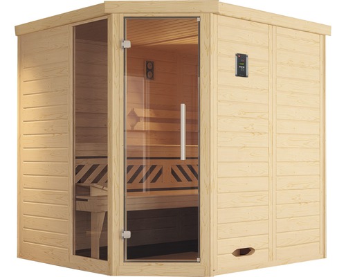 Rohová sauna se skleněnými dveřmi a dřevěným obložením