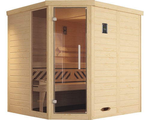 Rohová sauna z dřeva se skleněnými dveřmi a digitálním ovládacím panelem