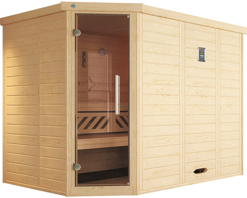 Dřevěná sauna se skleněnými dveřmi a ovládacím prvkem