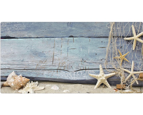 Koupelnová zádní stěna mySPOTTI aqua Seashell 90x45 cm Dekorativní hvězdice s mušlemi a rybářskou sítí před dřevěnou stěnou