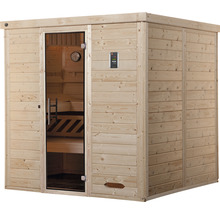 Dřevěná sauna se skleněnými dveřmi a regulátorem teploty