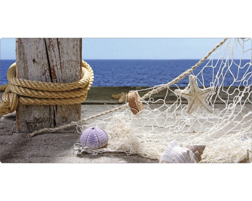 Koupelnová zádní stěna mySPOTTI aqua Sea view 90x45 cm Dekorativní scéna s dřevěným sloupkem, lanem, rybářskou sítí, hvězdicí a mušlemi na pozadí moře