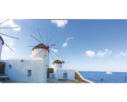 Koupelnová zádní stěna mySPOTTI aqua Greece 90x45 cm Panorama s větrnými mlýny a bílými budovami u moře