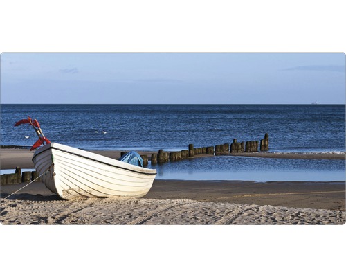 Koupelnová zádní stěna mySPOTTI aqua Boat 90x45 cm Bílý člun leží na pláži s výhledem na moře