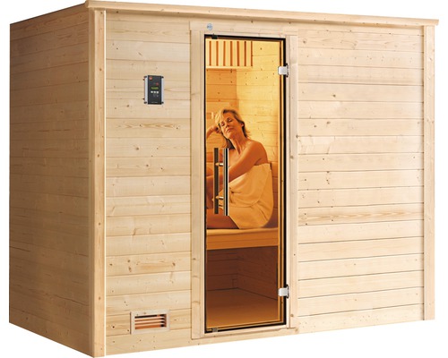 Dřevěná sauna se skleněnými dveřmi a ovládacím panelem