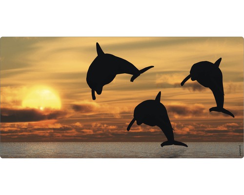Koupelnová zádní stěna mySPOTTI aqua Sonne 90x45 cm Ilustrace tří delfínů před západem slunce nad oceánem