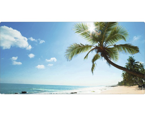 Koupelnová zádní stěna mySPOTTI aqua Beach 90x45 cm Pláž s palmami a modrou oblohou