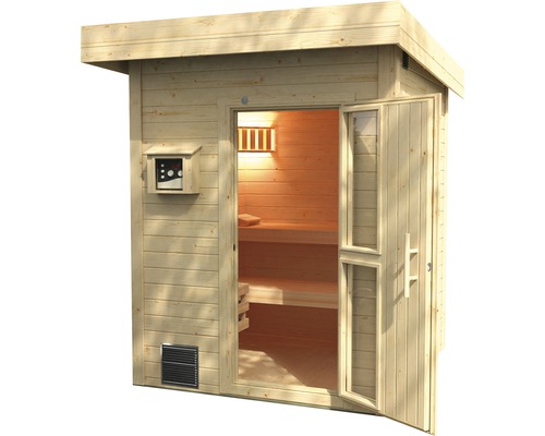 Dřevěná sauna s otevřenými dveřmi, ovládáním a ventilací