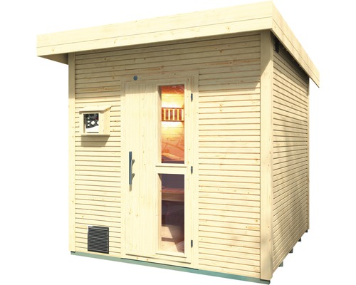 Dřevěná sauna s oknem a skleněnými dveřmi