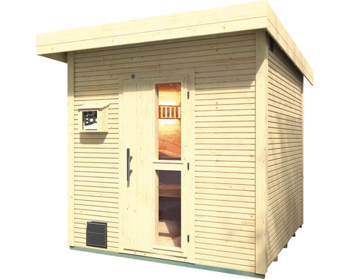 Venkovní sauna ze dřeva s oknem a skleněnými dveřmi