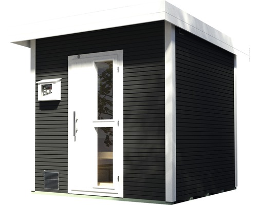 Saunový domek s dřevěnými stěnami, dveřmi a malým oknem