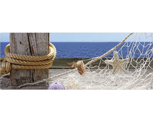 Koupelnová zádní stěna mySPOTTI aqua Sea view 120x45 cm Dekorativní plážový motiv s mořskou hvězdou a rybářskou sítí