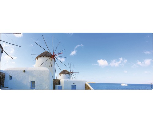 Koupelnová zádní stěna mySPOTTI aqua Greece 120x45 cm Panoráma s větrnými mlýny, bílými budovami a výhledem na moře