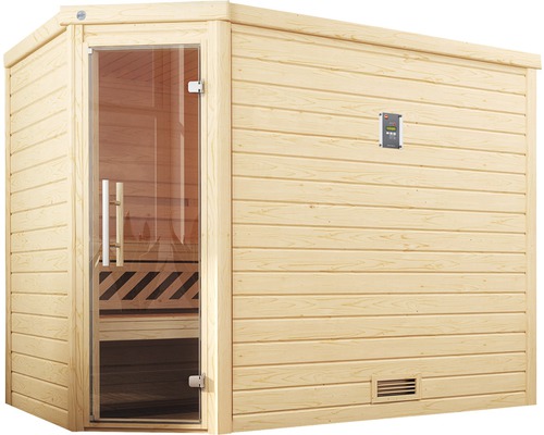 Dřevěná sauna se skleněnými dveřmi a ovládacím panelem