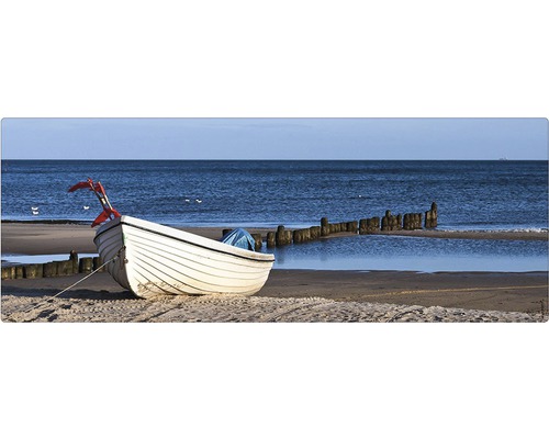 Koupelnová zádní stěna mySPOTTI aqua Boat 120x45 cm Bílý člun leží na pláži