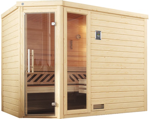 Dřevěná sauna s prosklenými dveřmi a digitálním ovládáním
