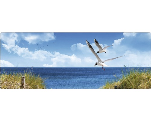 Koupelnová zádní stěna mySPOTTI aqua North Sea 120x45 cm Výhled na moře s létajícími racky a plážovou trávou